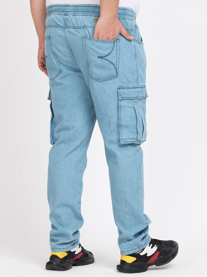 Men Light Blue Regular Fit Solid Denim Cargo Jeans