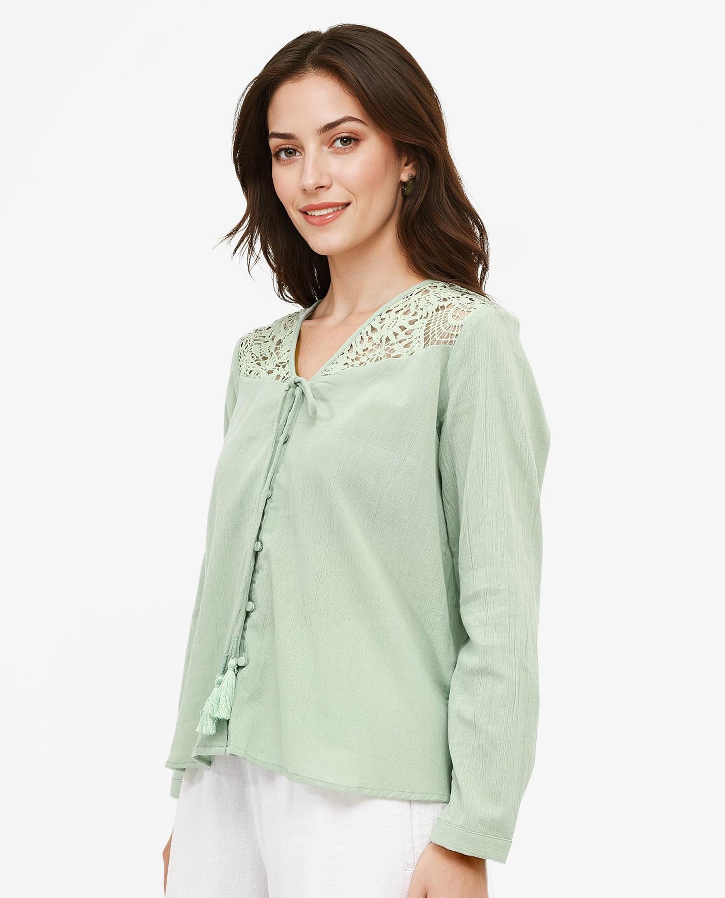 Rareism Women Sonoki Dusky Green Cotton Button Closure Full Sleeve V-Neck Relaxed Fit Plain Top