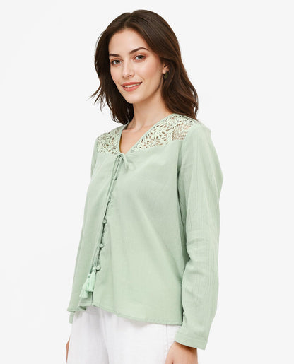 Rareism Women Sonoki Dusky Green Cotton Button Closure Full Sleeve V-Neck Relaxed Fit Plain Top