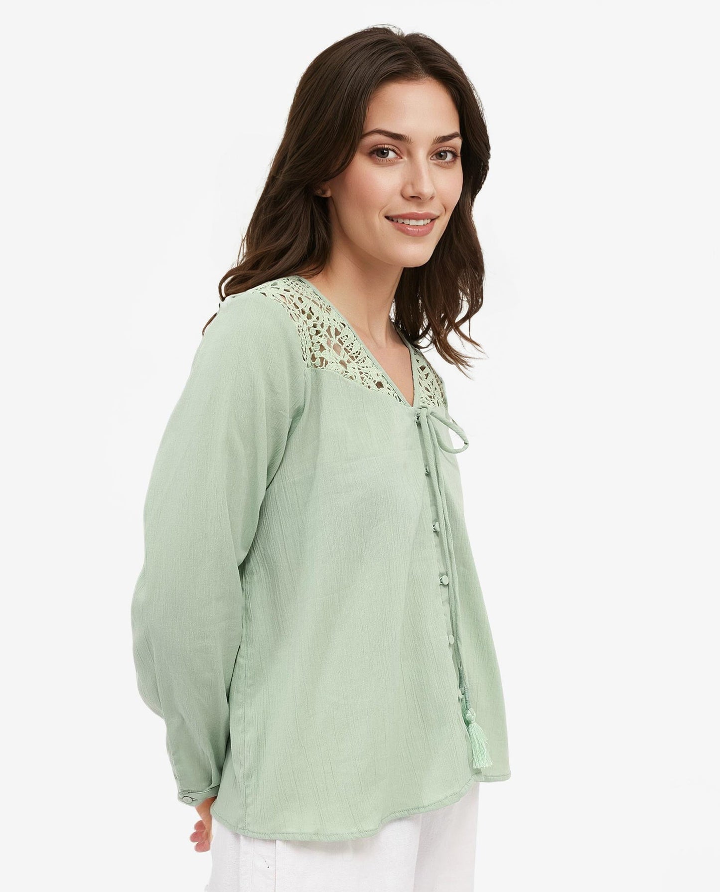 Rareism Women Sonoki Dusky Green Cotton Button Closure Full Sleeve V-Neck Relaxed Fit Plain Top