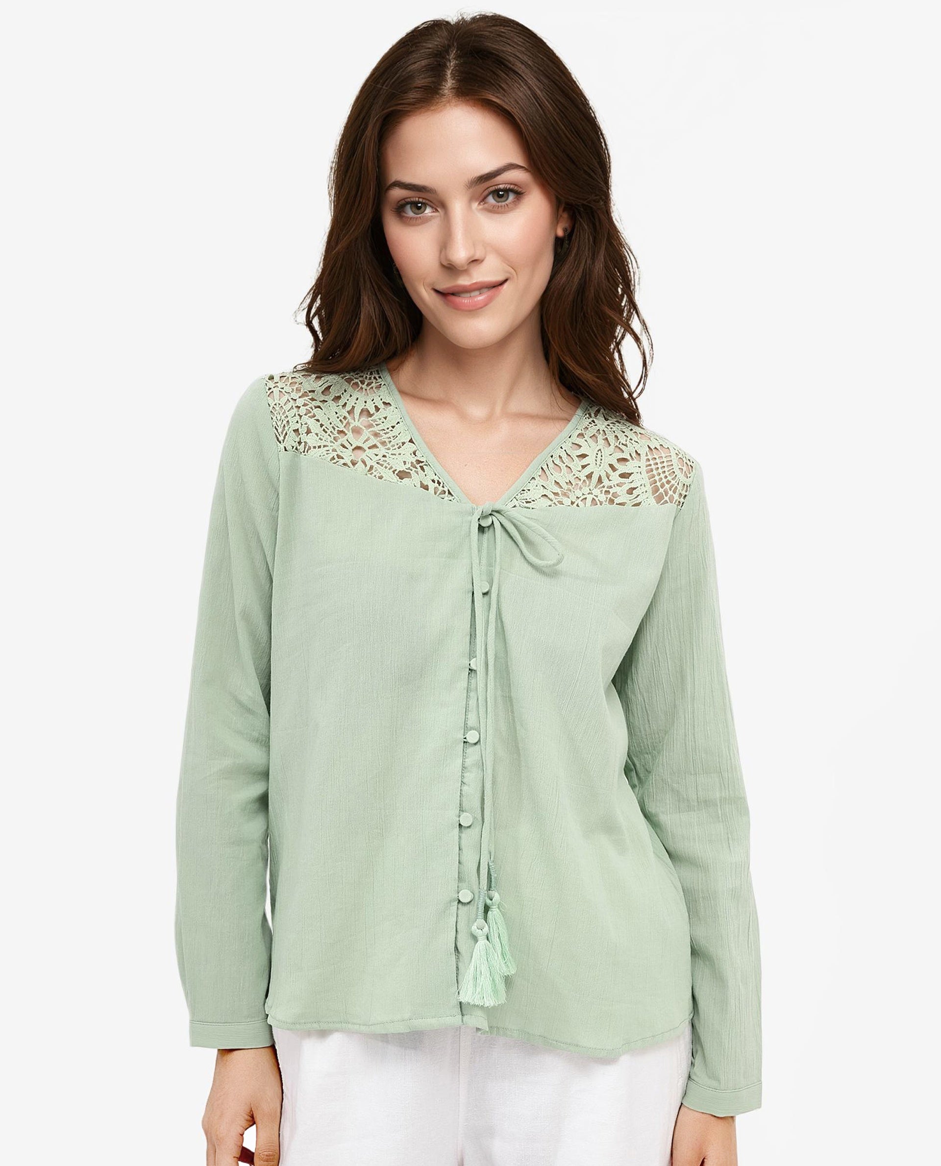 Rareism Women Sonoki Dusky Green Cotton Button Closure Full Sleeve V-Neck Relaxed Fit Plain Top