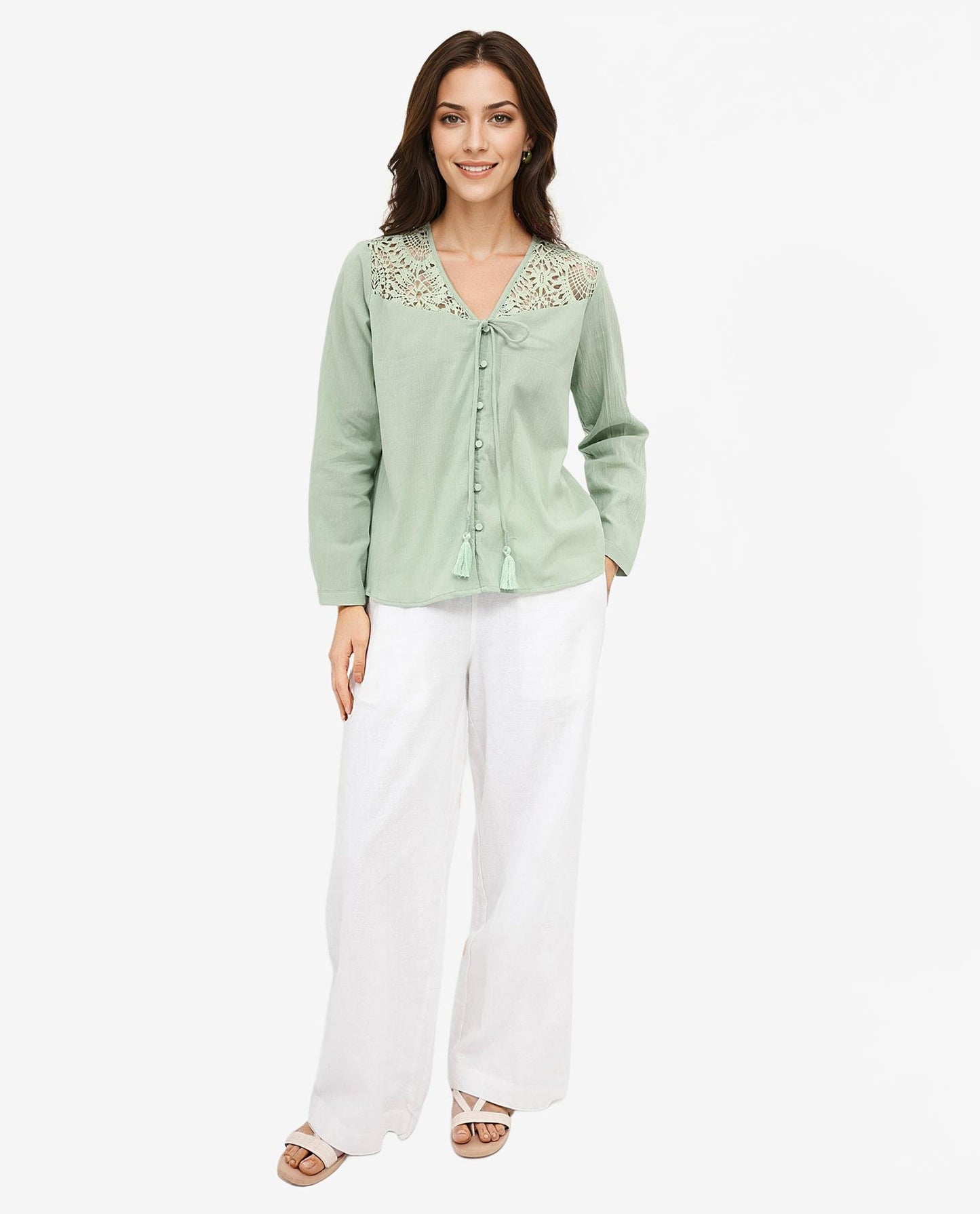 Rareism Women Sonoki Dusky Green Cotton Button Closure Full Sleeve V-Neck Relaxed Fit Plain Top