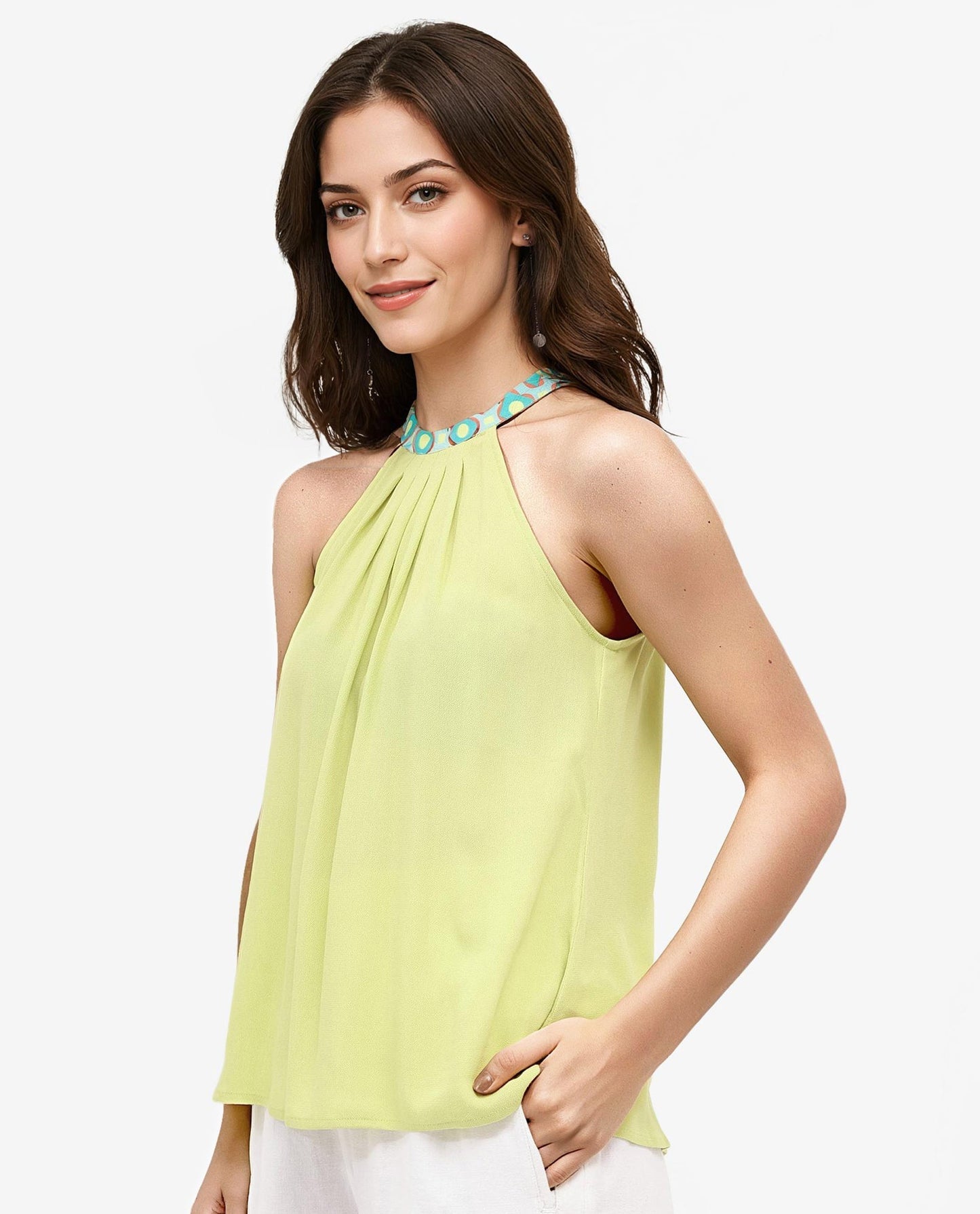 Rareism Women Syrac Light Green Sleeveless Halter Neck Tie Up Plain Top