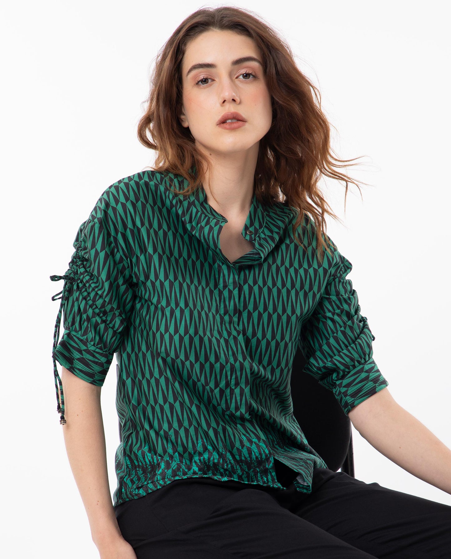 Rareism Women Tafel Green Cotton Fabric Short Sleeves Button Closure Mandarin Collar Regular Fit Geometric Print Top