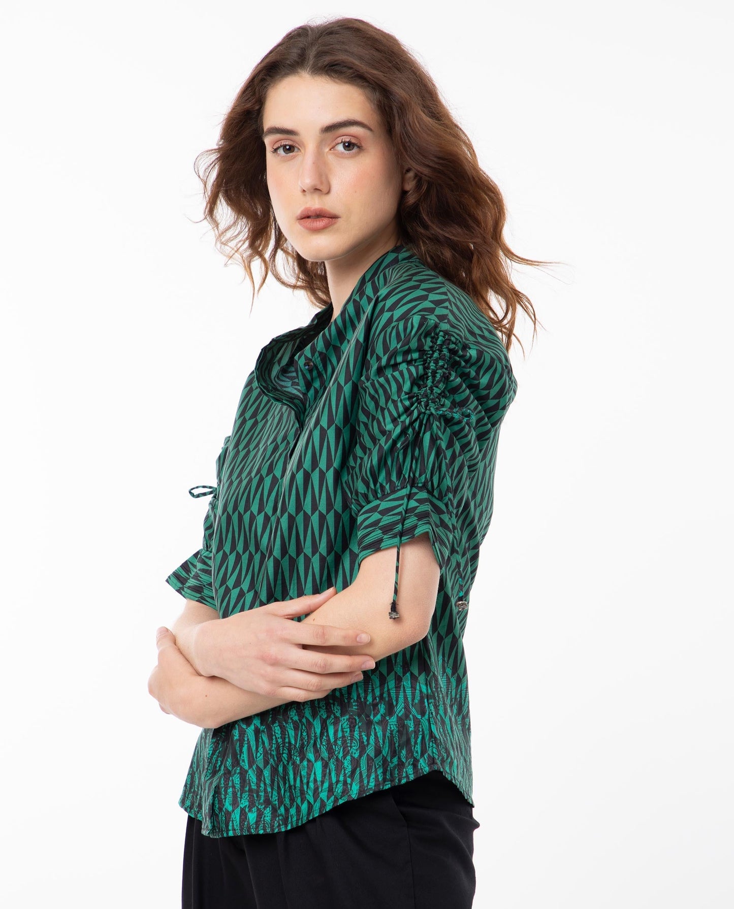 Rareism Women Tafel Green Cotton Fabric Short Sleeves Button Closure Mandarin Collar Regular Fit Geometric Print Top