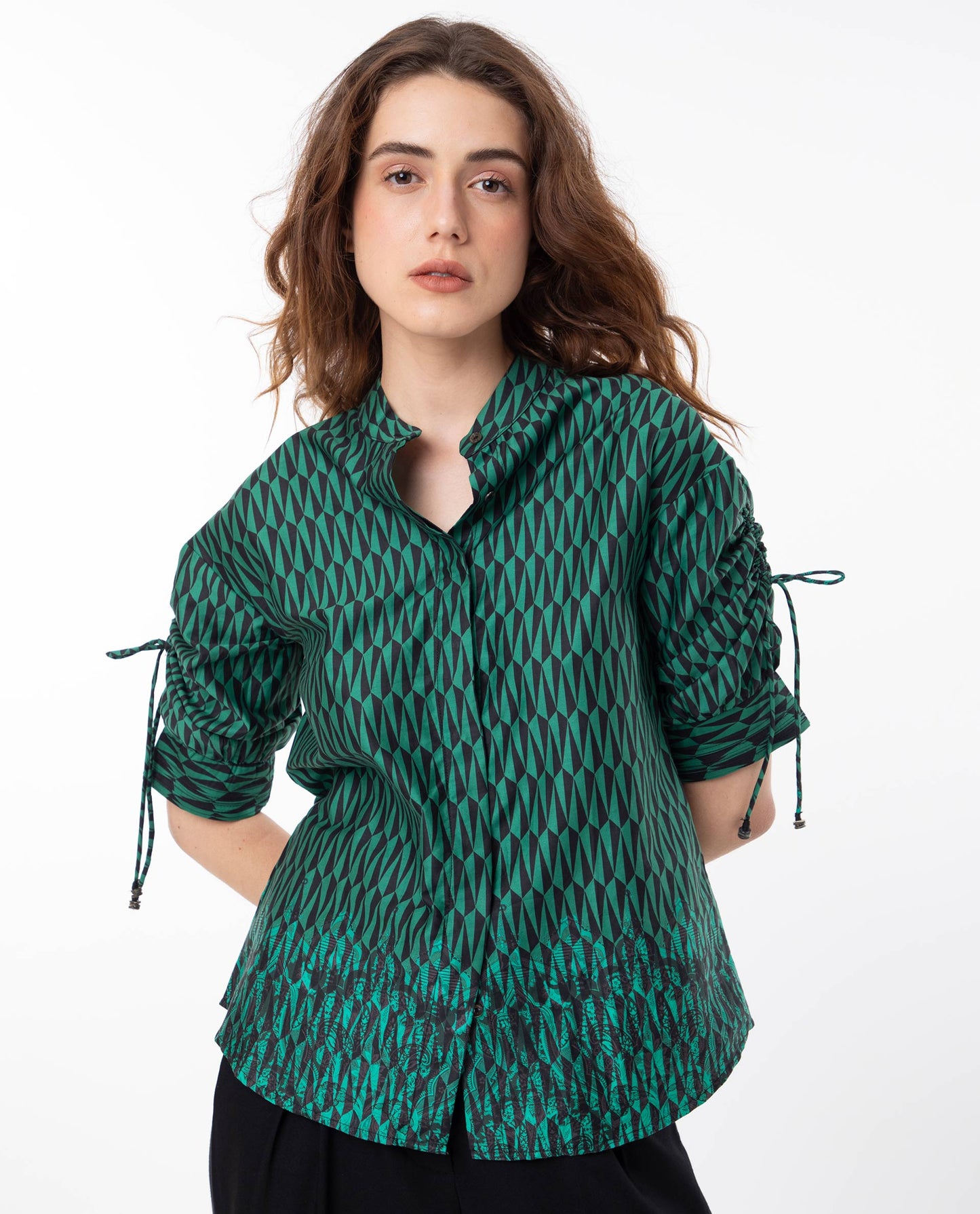 Rareism Women Tafel Green Cotton Fabric Short Sleeves Button Closure Mandarin Collar Regular Fit Geometric Print Top